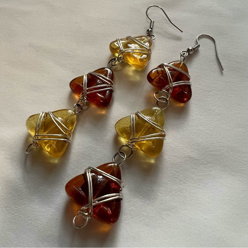 Honey Amber Lemon Color Lucite Resin Geometric Artisan Wrapped Dangle Earrings